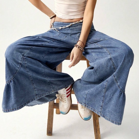 Medium Wash Stretchy Waist Cotton Wide leg Denim Pants - Picture 5 of 8